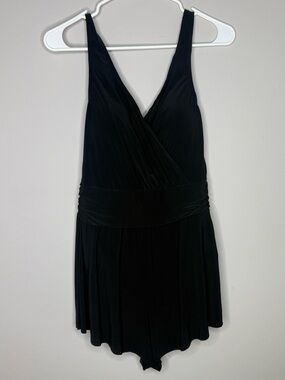 Vanishing Act black skirted swim dress romper size 14 slimming